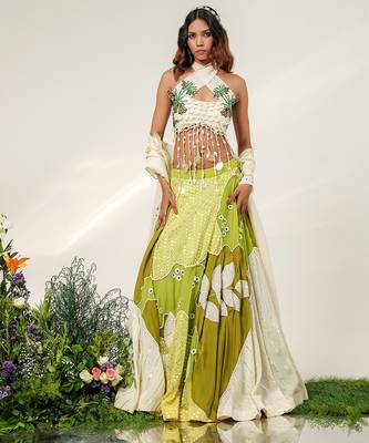 Olive Green And Ivory Embroidered Organza Georgette Lehenga Set 1