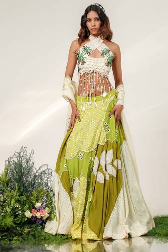 Olive Green And Ivory Embroidered Organza Georgette Lehenga Set
