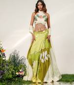 Olive Green And Ivory Embroidered Organza Georgette Lehenga Set