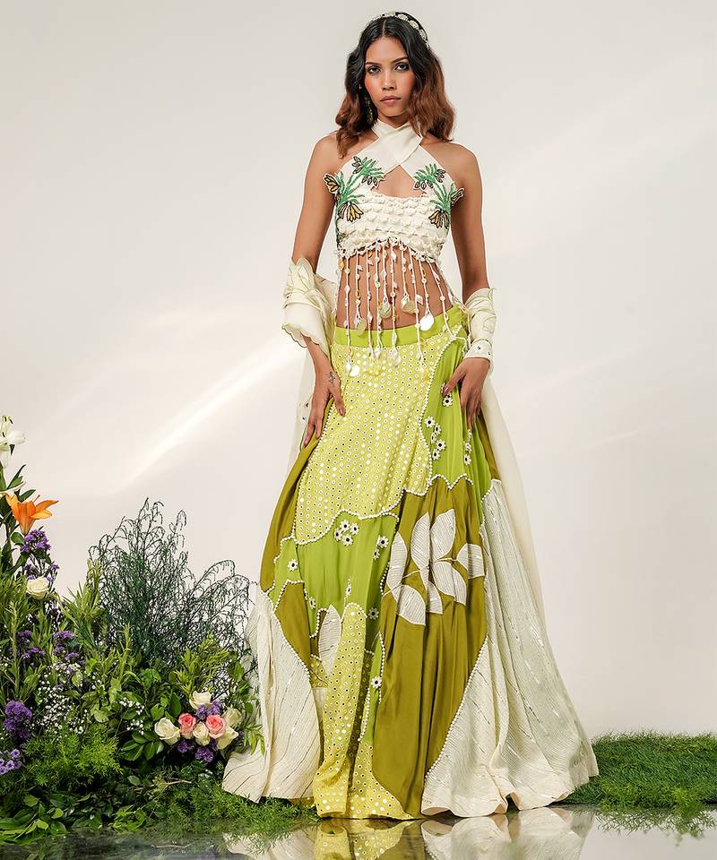 Olive Green And Ivory Embroidered Organza Georgette Lehenga Set