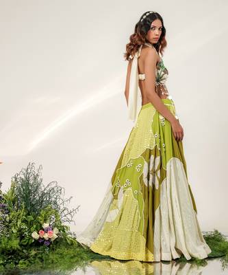 Olive Green And Ivory Embroidered Organza Georgette Lehenga Set 2