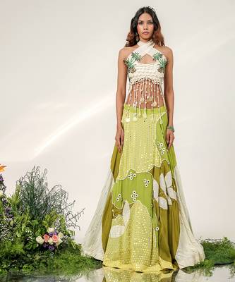 Olive Green And Ivory Embroidered Organza Georgette Lehenga Set 3
