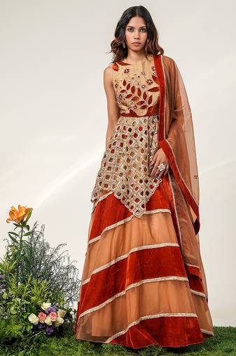 Gold And Rust Orange Embroidered Organza Velvet Lehenga Set