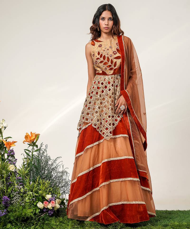 Gold And Rust Orange Embroidered Organza Velvet Lehenga Set