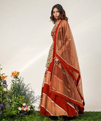 Gold And Rust Orange Embroidered Organza Velvet Lehenga Set 2