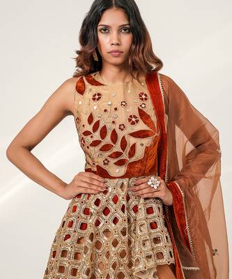 Gold And Rust Orange Embroidered Organza Velvet Lehenga Set 3