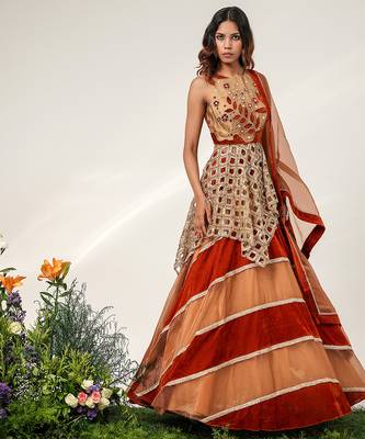 Gold And Rust Orange Embroidered Organza Velvet Lehenga Set 4