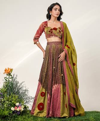 Multicolor Embroidered Organza Cotton Tissue Lehenga Set 1