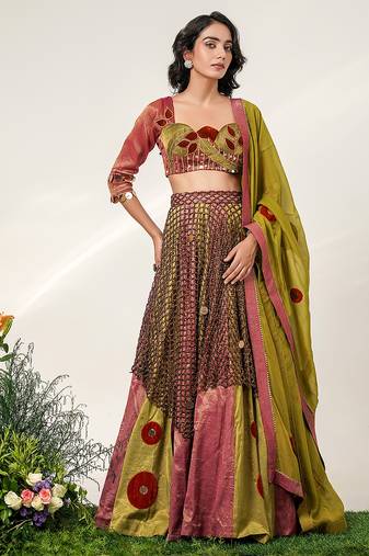 Multicolor Embroidered Organza Cotton Tissue Lehenga Set