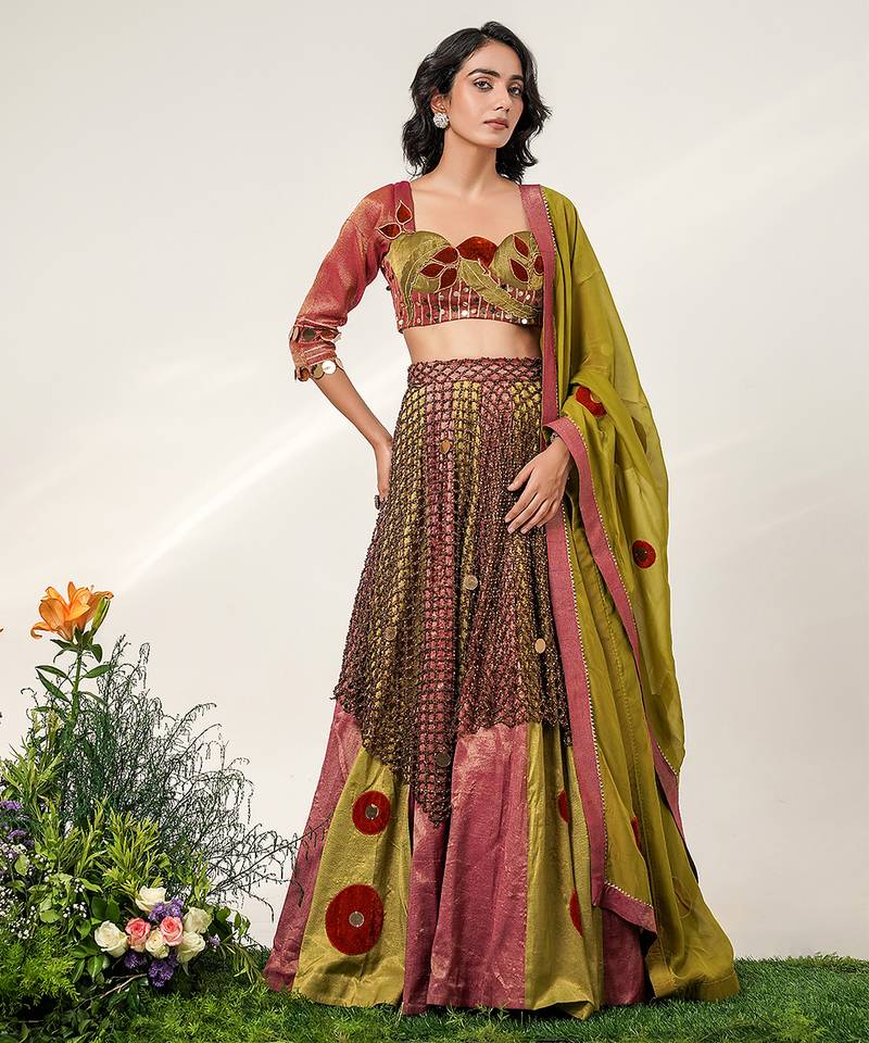 Multicolor Embroidered Organza Cotton Tissue Lehenga Set
