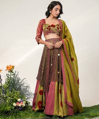 Multicolor Embroidered Organza Cotton Tissue Lehenga Set 3