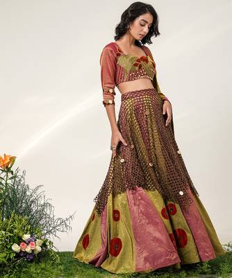 Multicolor Embroidered Organza Cotton Tissue Lehenga Set 4