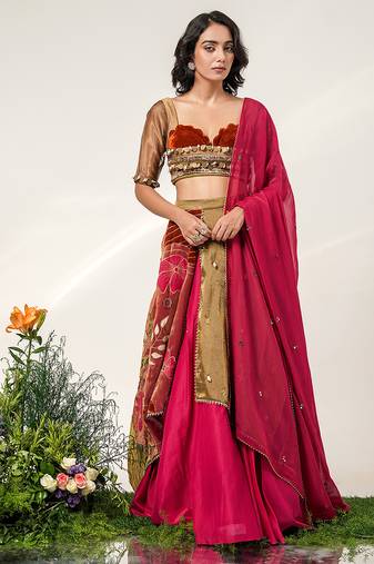 Fuchsia Pink Embroidered Organza And Velvet Lehenga Set