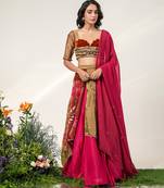 Fuchsia Pink Embroidered Organza And Velvet Lehenga Set