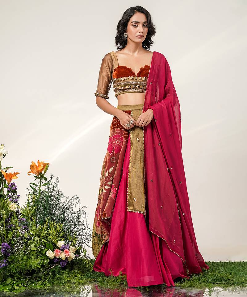 Fuchsia Pink Embroidered Organza And Velvet Lehenga Set