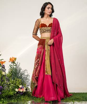 Fuchsia Pink Embroidered Organza And Velvet Lehenga Set 3