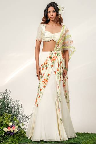 Ivory printed organza crepe drape saree set