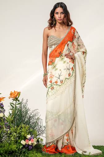 Ivory and orange printed organza crepe saree set