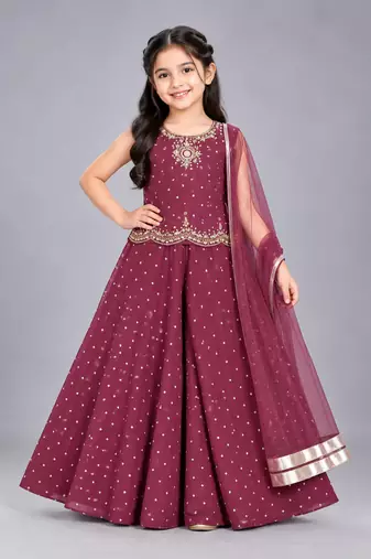 Wine embroidered georgette stitched traditional top palazzo dupatta set for girls