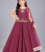 Wine embroidered georgette stitched traditional top palazzo dupatta set for girls