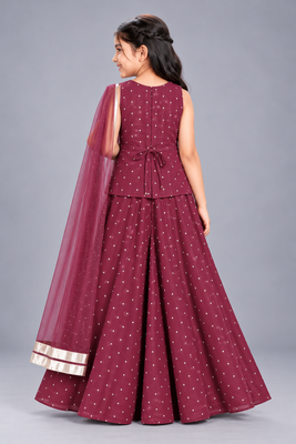 Wine embroidered georgette stitched traditional top palazzo dupatta set for girls 2