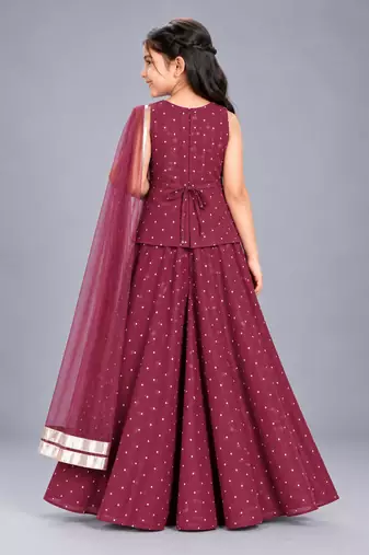 Wine embroidered georgette stitched traditional top palazzo dupatta set for girls