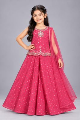 Pink embroidered georgette stitched traditional top palazzo dupatta set for girls 1