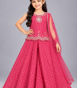 Pink embroidered georgette stitched traditional top palazzo dupatta set for girls