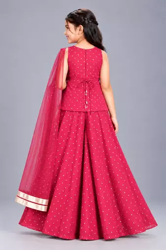 Pink embroidered georgette stitched traditional top palazzo dupatta set for girls