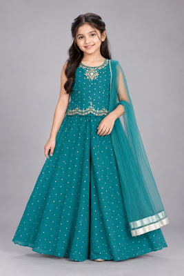Teal embroidered georgette stitched traditional top palazzo dupatta set for girls 1