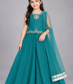 Teal embroidered georgette stitched traditional top palazzo dupatta set for girls