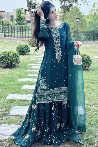 Teal Green Embroidery Work Heavy Kurti Top Skirt Set Wedding Wear Dress