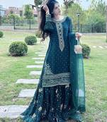 Teal Green Embroidery Work Heavy Kurti Top Skirt Set Wedding Wear Dress