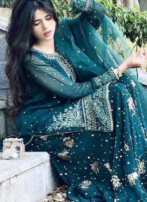 Teal Green Embroidery Work Heavy Kurti Top Skirt Set Wedding Wear Dress 3