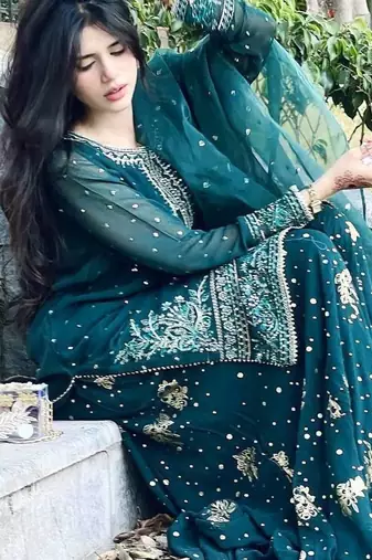 Teal Green Embroidery Work Heavy Kurti Top Skirt Set Wedding Wear Dress