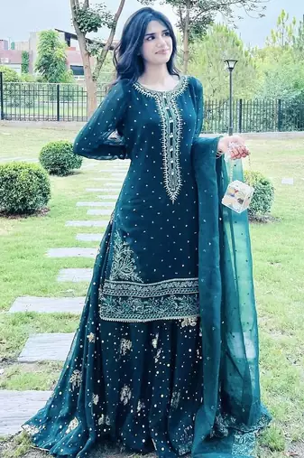Teal Green Embroidery Work Heavy Kurti Top Skirt Set Wedding Wear Dress