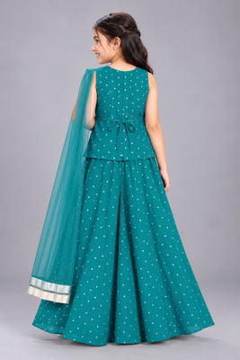 Teal embroidered georgette stitched traditional top palazzo dupatta set for girls 2