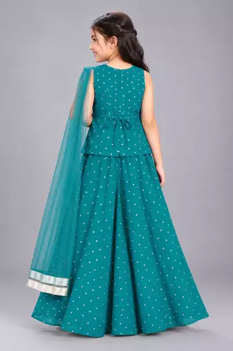 Teal embroidered georgette stitched traditional top palazzo dupatta set for girls