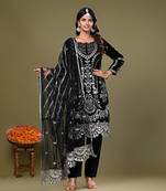 Black Color Velvet Kurta Set Embroidery Wedding Wear Suit Set With Dupatta