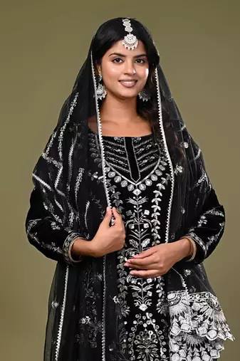 Black Color Velvet Kurta Set Embroidery Wedding Wear Suit Set With Dupatta