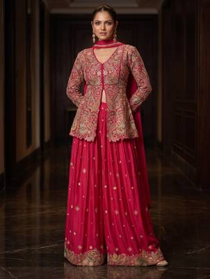 Red real chinon with embroidery work stitching salwar suit 1