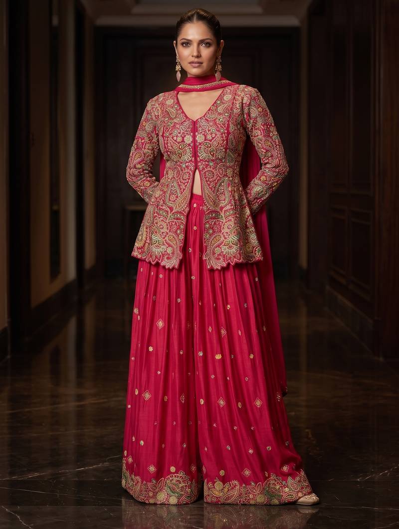 Red real chinon with embroidery work stitching salwar suit
