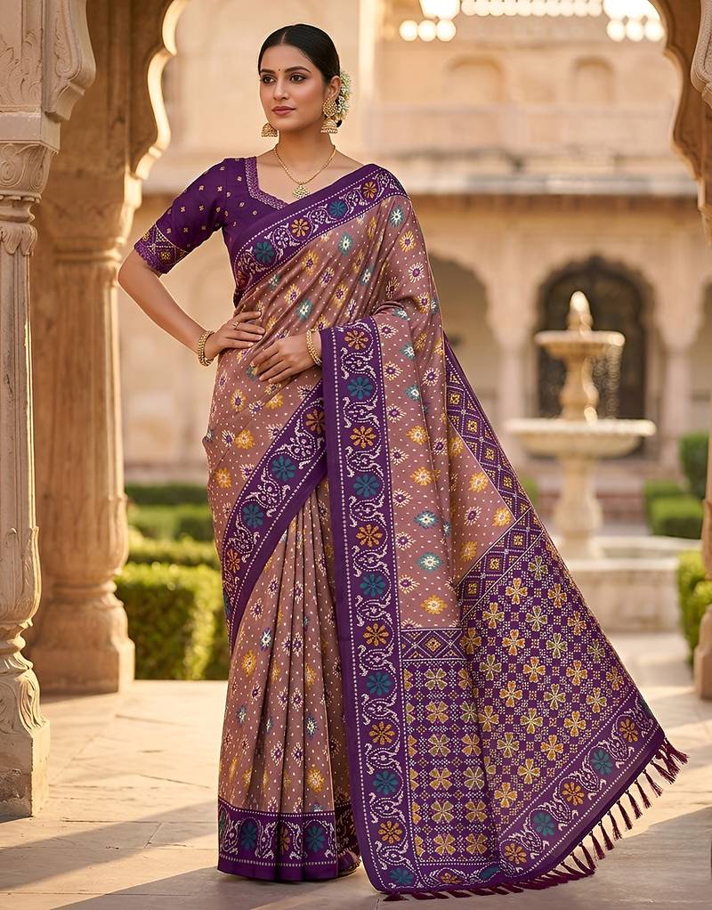 traditional beige zari weaving border tassel pallu silk blend saree