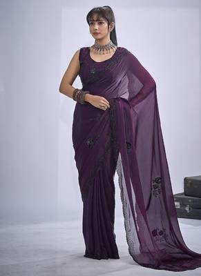 designer purple heavy handwork zarkan embroidery silk blend saree 4