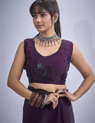 designer purple heavy handwork zarkan embroidery silk blend saree 5