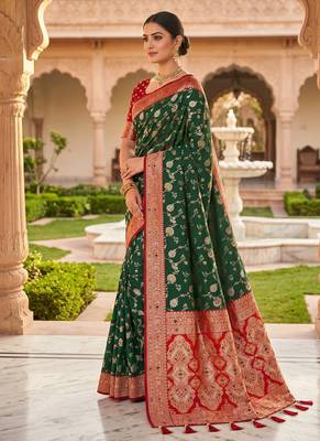 designer green zari weaving meenakari tassel pallu work silk blend saree 2
