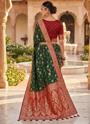 designer green zari weaving meenakari tassel pallu work silk blend saree 3