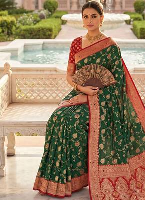 designer green zari weaving meenakari tassel pallu work silk blend saree 4