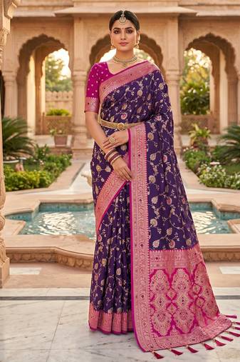 designer blue zari weaving meenakari tassel pallu work silk blend saree