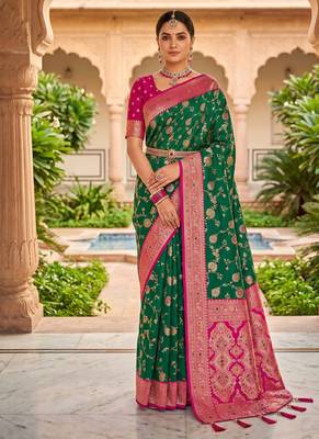 designer green zari weaving meenakari tassel pallu work silk blend saree 1